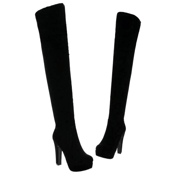 H & M Thigh High Platform Boots Stretch Faux Suede Black 10 - Picture 1 of 16